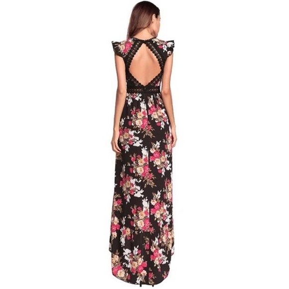 Black Floral Boho High Low Dress With Open Back - Picture 4 of 6